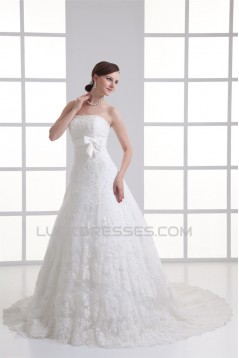 Wonderful A-Line Sleeveless Satin Lace Strapless Wedding Dresses 2031425