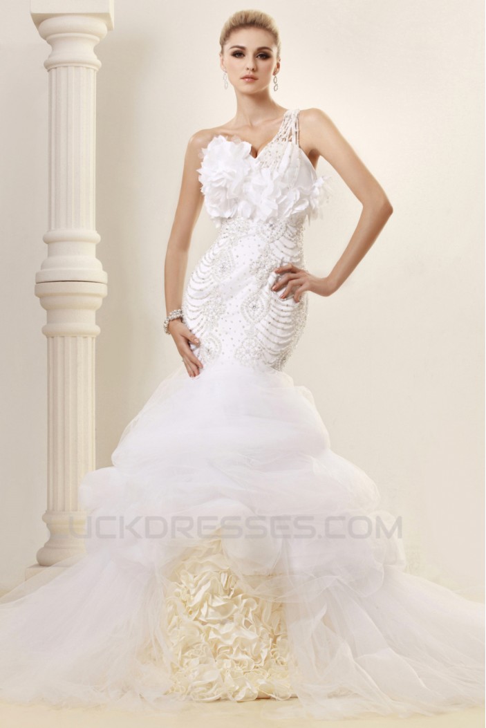 Trumpet/Mermaid One-Shoulder Court Train Beaded Wedding Dresses 2031455