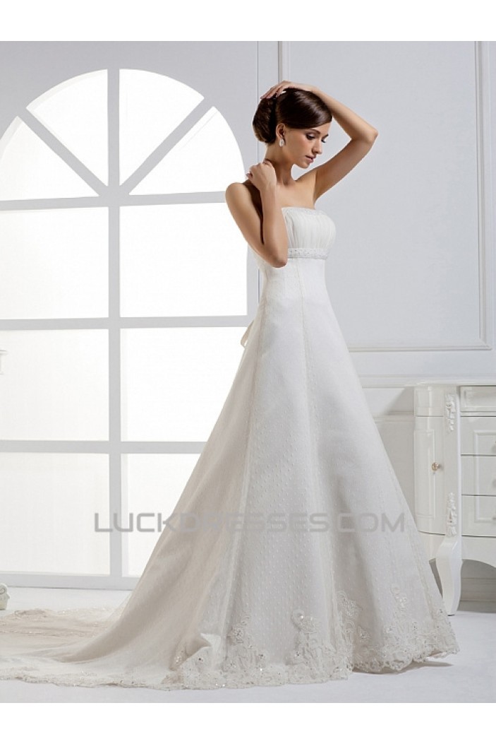 A-Line Strapless Court Train Lace Wedding Dresses 2031461