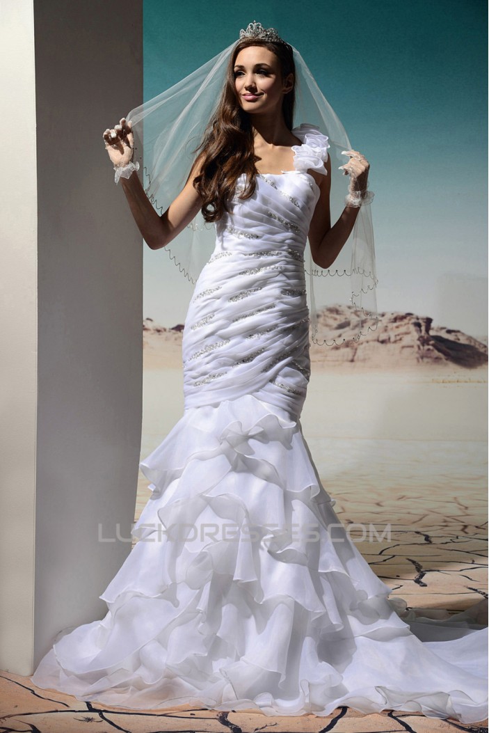 Trumpet/Mermaid One-Shoulder Court Train Beaded Wedding Dresses 2031462