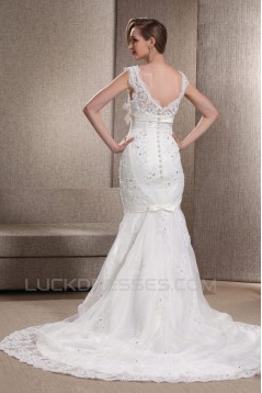 Trumpet/Mermaid V-Neck Beaded Lace Court Train Wedding Dresses 2031464