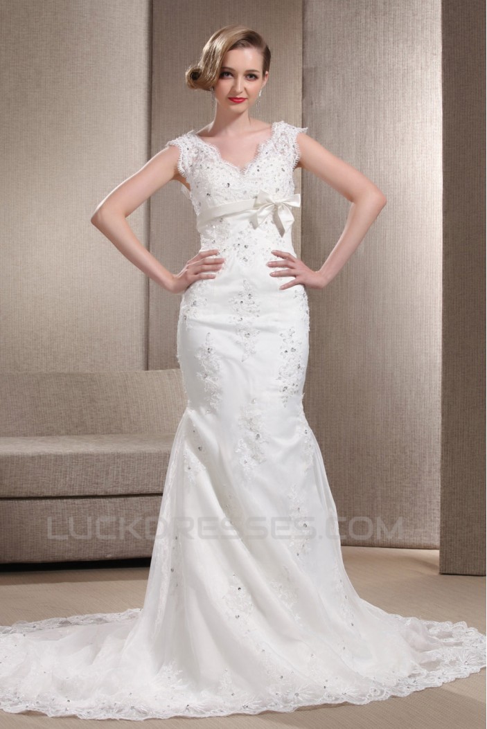 Trumpet/Mermaid V-Neck Beaded Lace Court Train Wedding Dresses 2031464