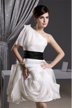 Elegant A-Line Short/Mini Draped One-Shoulder Reception Wedding Dresses 2031485