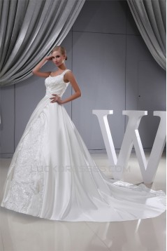 fashionable Straps A-Line Satin Lace Sleeveless Sweet Wedding Dresses 2030151