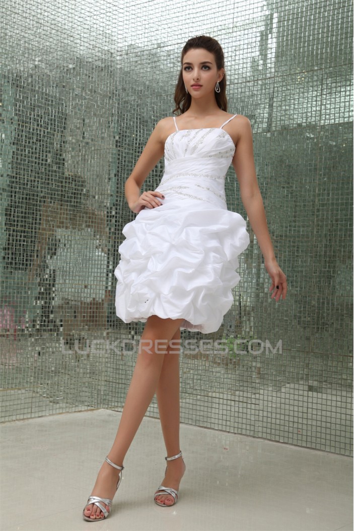 Wonderful Satin Taffeta Princess Spaghetti Straps Beaded Short Wedding Dresses 2031519