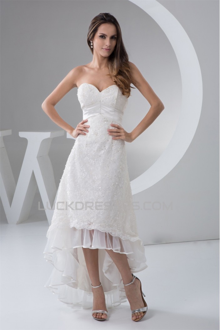 Fantastic A-Line Lace Sweetheart Sleeveless High Low Wedding Dresses 2031523