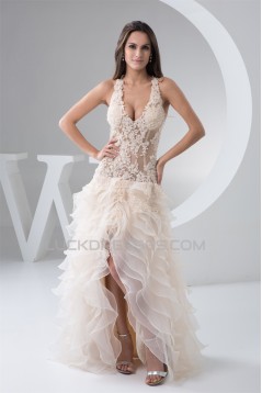 V-Neck Asymmetrical Sleeveless Ruched Satin Fine Netting Wedding Dresses 2031534