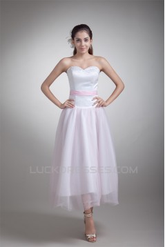 A-Line Sweetheart Beading Satin Net Sleeveless Tea-Length Wedding Dresses 2031537