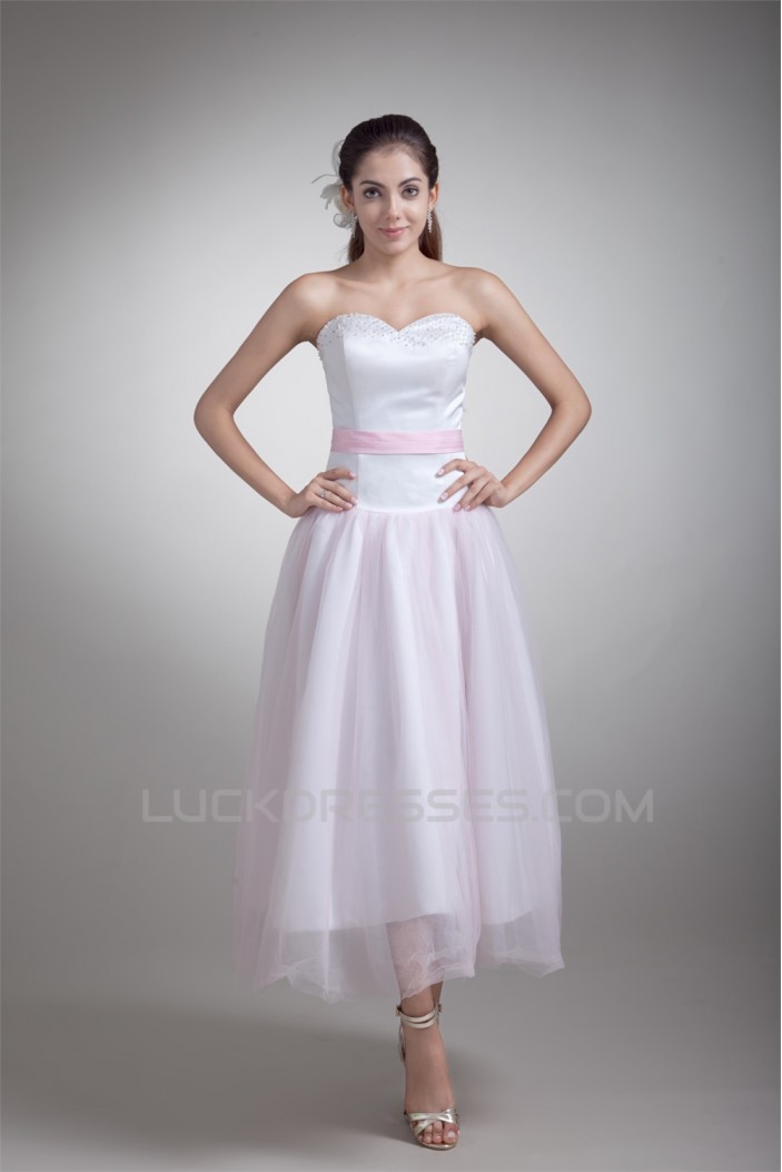 A-Line Sweetheart Beading Satin Net Sleeveless Tea-Length Wedding Dresses 2031537