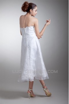 Beautiful Strapless Satin Lace A-Line Tea-Length Wedding Dresses 2031539