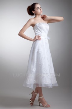 Beautiful Strapless Satin Lace A-Line Tea-Length Wedding Dresses 2031539