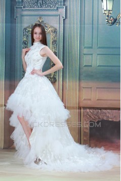 Sleeveless A-Line Satin Lace Ruffled Fine Netting High Low Reception Wedding Dresses 2031545