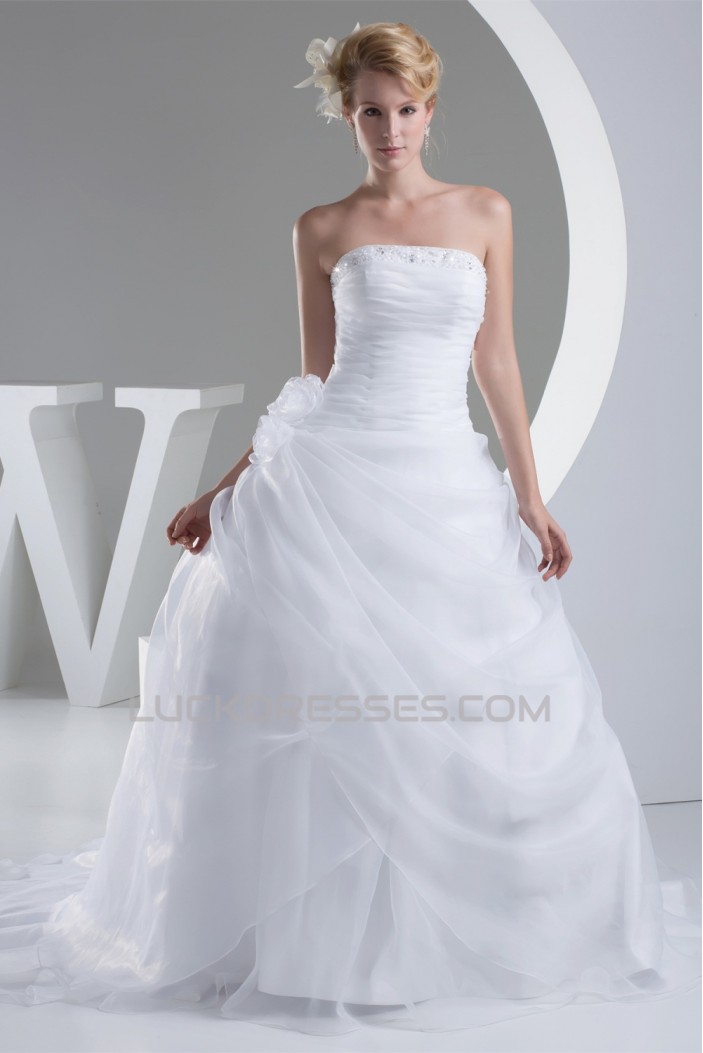A-Line Strapless Sleeveless Satin Organza Wedding Dresses 2030159