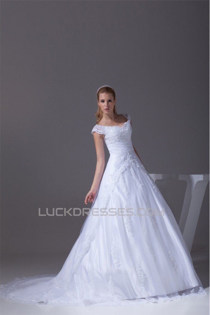 Great V-Neck A-Line Short Sleeve Lace Wedding Dresses 2030168