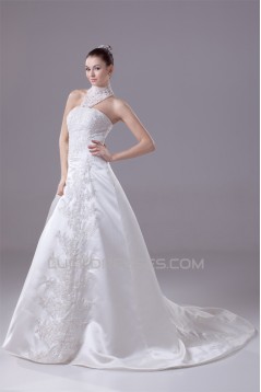 A-Line High-Neck Satin Lace Wedding Dresses 2030175