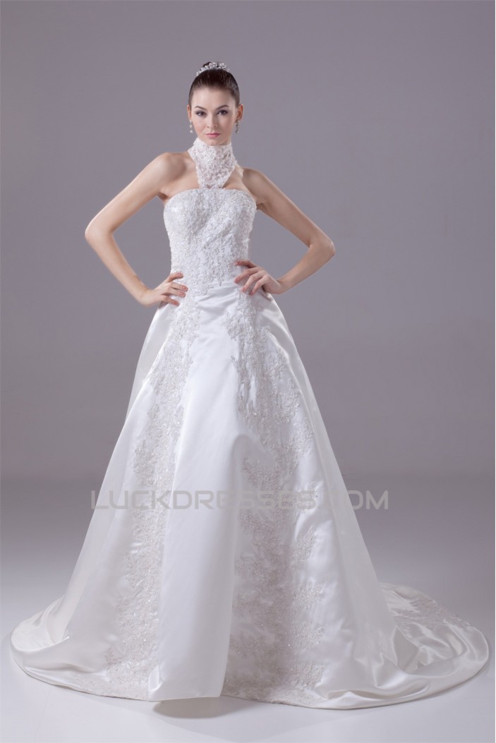 A-Line High-Neck Satin Lace Wedding Dresses 2030175