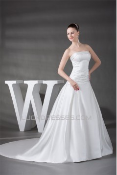 A-Line Sleeveless Strapless Satin Beaded Wedding Dresses 2030178