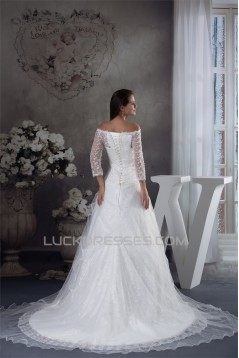 A-Line Long Sleeve Square Satin Lace Fine Netting Wedding Dresses 2030201