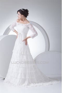 A-Line Satin Lace Fine Netting Off-the-Shoulder Wedding Dresses 2030236