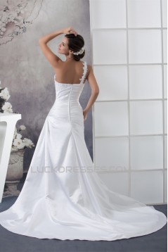 A-Line Satin Lace Sleeveless New Arrival One-Shoulder Wedding Dresses 2030237