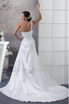 A-Line Satin Lace Sleeveless New Arrival One-Shoulder Wedding Dresses 2030237