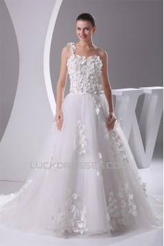 A-Line Sleeveless One-Shoulder Satin Fine Netting Wedding Dresses 2030239