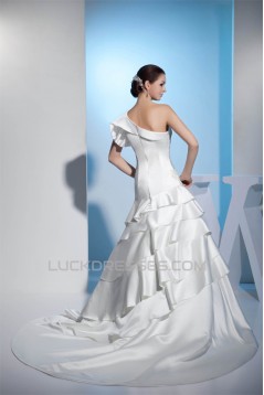 A-Line One-Shoulder Satin Lace Sleeveless Reception Wedding Dresses 2030240