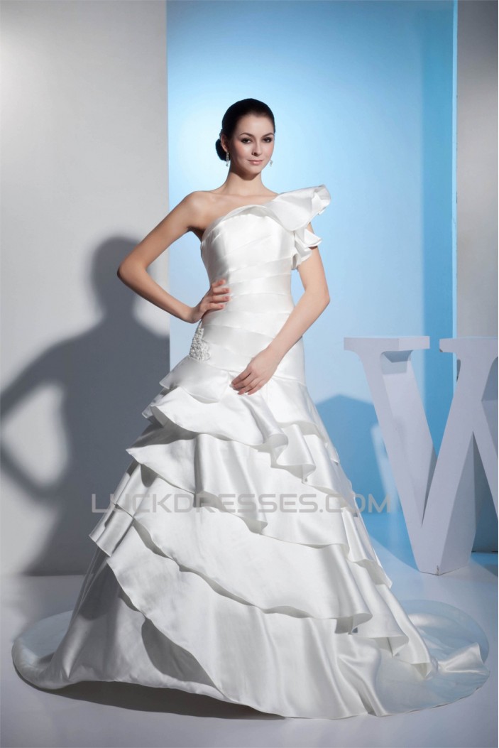 A-Line One-Shoulder Satin Lace Sleeveless Reception Wedding Dresses 2030240