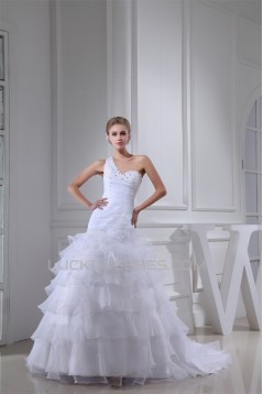 Princess Sleeveless One-Shoulder Satin Organza Beaded Wedding Dresses 2030253