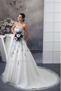 A-Line Satin Lace Fine Netting Strapless New Arrival Wedding Dresses 2030277