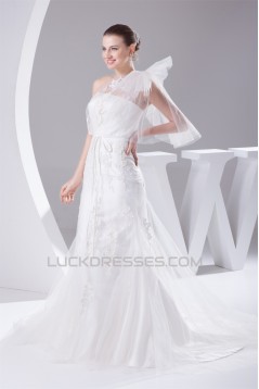 Mermaid/Trumpet Satin Netting Lace One-Shoulder Wedding Dresses 2030286