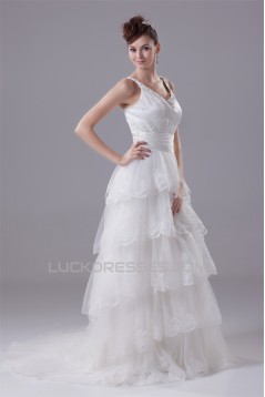 A-Line Sleeveless Scoop Satin Lace Wedding Dresses 2030314
