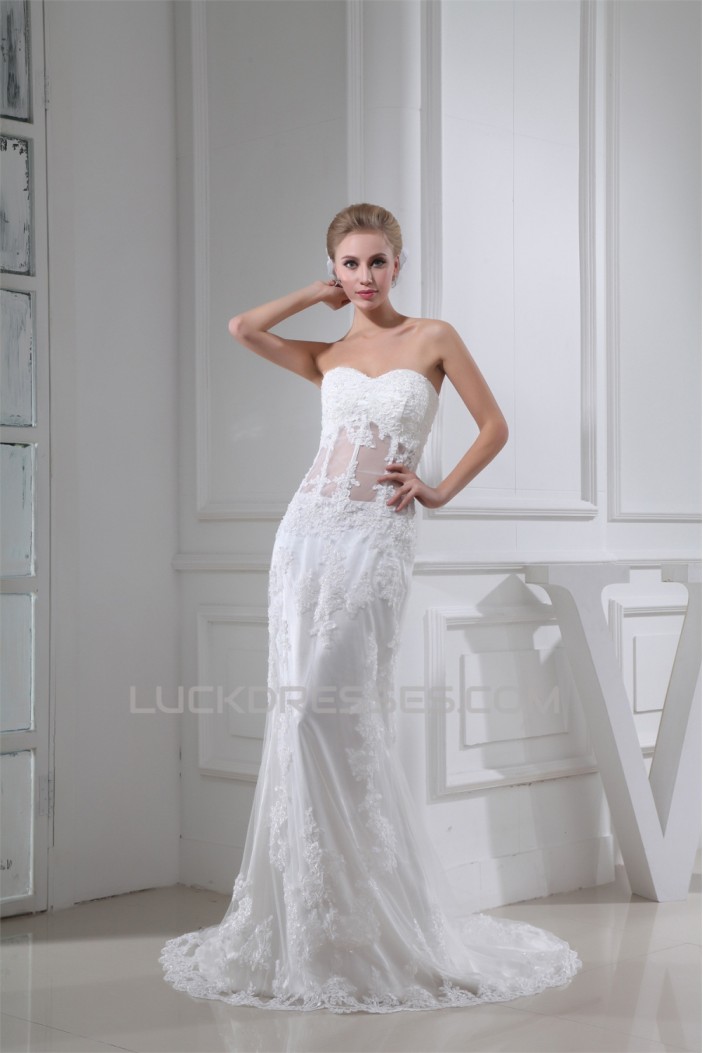 Sheath/Column Sleeveless Fine Netting Soft Sweetheart Lace Wedding Dresses 2030329