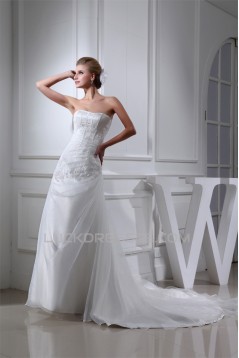 A-Line Strapless Satin Lace Organza Sweet Wedding Dresses 2030331