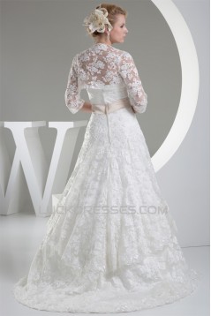 A-Line Satin Lace Silk like Satin Wedding Dresses with A Lace Jacket 2030348