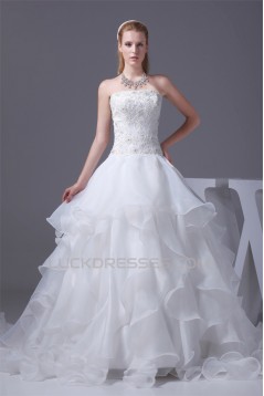 A-Line Satin Organza Lace Sleeveless Strapless Chapel Train Wedding Dresses 2030350