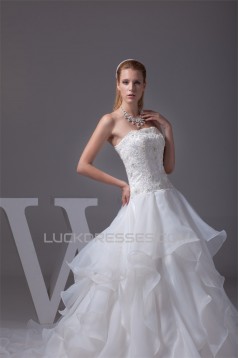 A-Line Satin Organza Lace Sleeveless Strapless Chapel Train Wedding Dresses 2030350