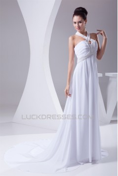 A-Line Chiffon Silk like Satin Halter Beaded Sweet Wedding Dresses 2030364