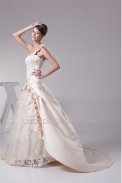 Ball Gown Sleeveless One-Shoulder Satin Lace Fine Netting Reception Wedding Dresses 2030378