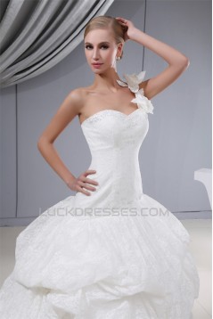 Ball Gown One-Shoulder Sleeveless Satin Lace Fine Netting Wedding Dresses 2030387