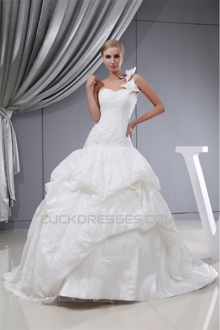 Ball Gown One-Shoulder Sleeveless Satin Lace Fine Netting Wedding Dresses 2030387