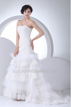 Trumpet/Mermaid Sleeveless Satin Lace Fine Netting Strapless Wedding Dresses 2030388