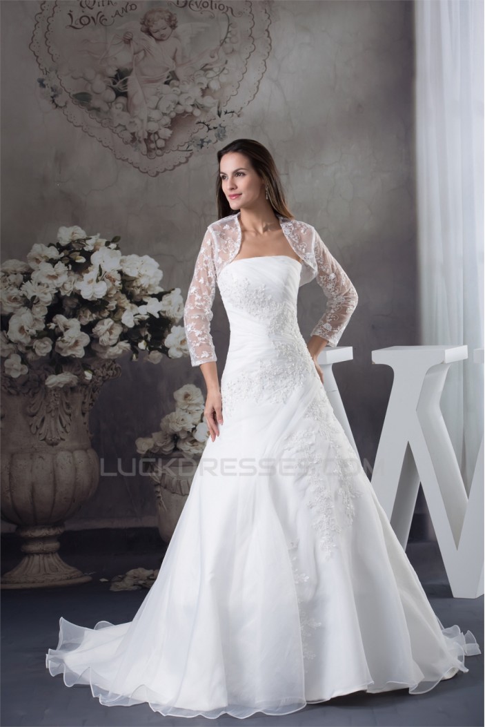 A-Line Strapless Sleeveless Satin Lace Organza Wedding Dresses 2030389