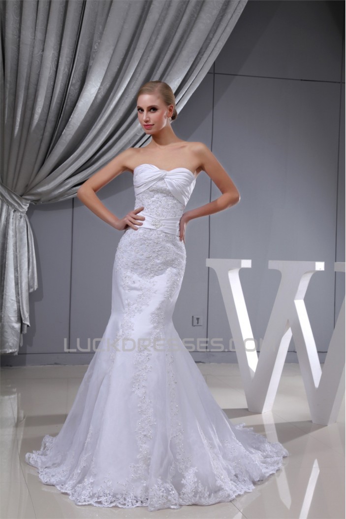 Trumpet/Mermaid Sweetheart Satin Beaded Lace Organza Wedding Dresses 2030391