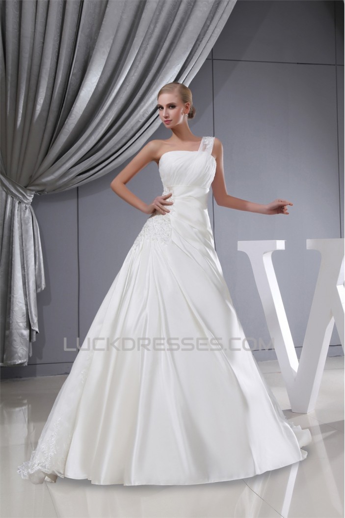 A-Line Satin Lace Organza One-Shoulder Wedding Dresses 2030392