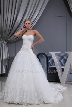 A-Line Sleeveless Sweetheart Satin Lace Fine Netting Wedding Dresses 2030423