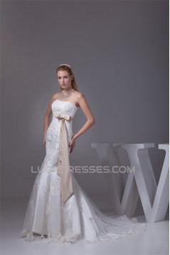 Mermaid/Trumpet Strapless Satin Fine Netting Lace Wedding Dresses 2030450