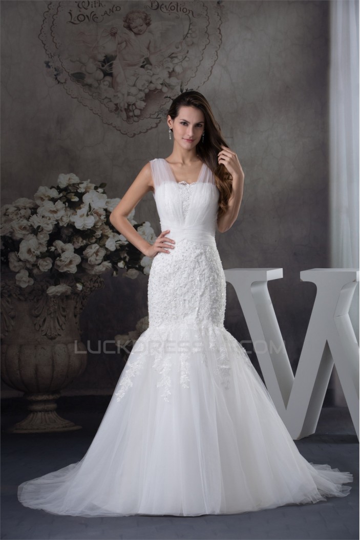 Straps Satin Lace Fine Netting Mermaid/Trumpet Sweet Wedding Dresses 2030463