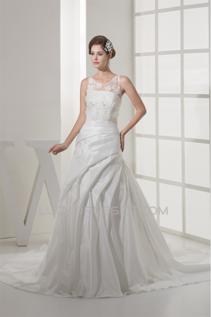 A-Line Sleeveless Scoop Lace Taffeta Best Wedding Dresses 2030502