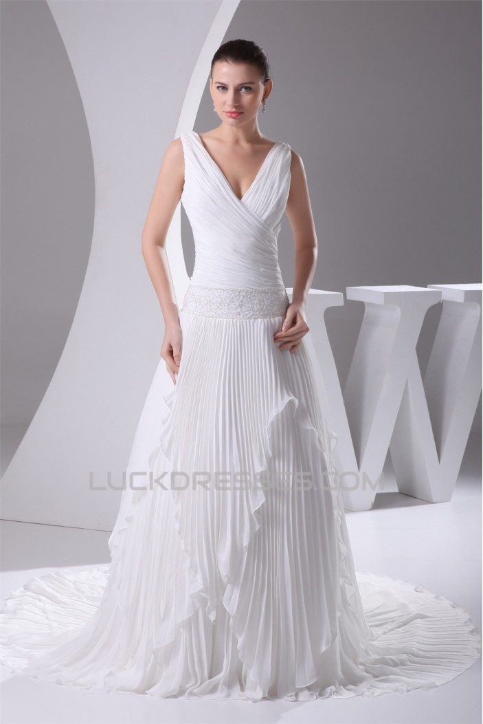 V-Neck A-Line Chiffon Silk like Satin Illusion Sleeves Reception Wedding Dresses 2030508